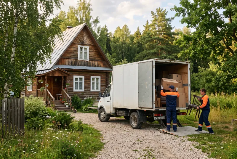Дачный переезд: фургон с вещами у загородного дома