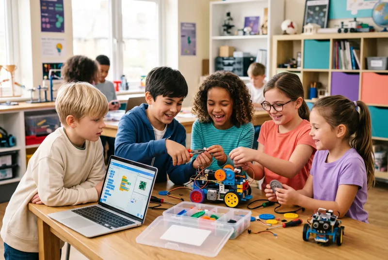 Школьники 7–12 лет собирают роботов на занятии по робототехнике