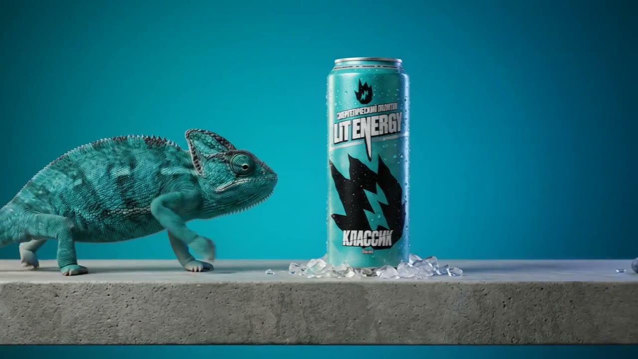 Хамелеон цвета бирюзы рядом с банкой LIT Energy Классик на бетонной полке